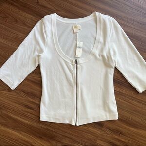 Anthropologie White Fitted 3/4 Sleeve Zipper Blouse